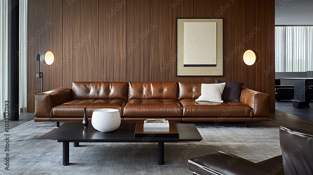 Fototapeta premium Modern living room with brown leather sofa, coffee table, and wall paneling.