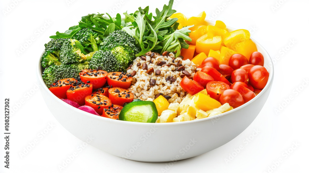 Colorful salad bowl with fresh vegetables and grains, white isolate background. Flexitarian food concept Colorful salad bowl with fresh vegetables and grains, white isolate background. Flexitarian food concept