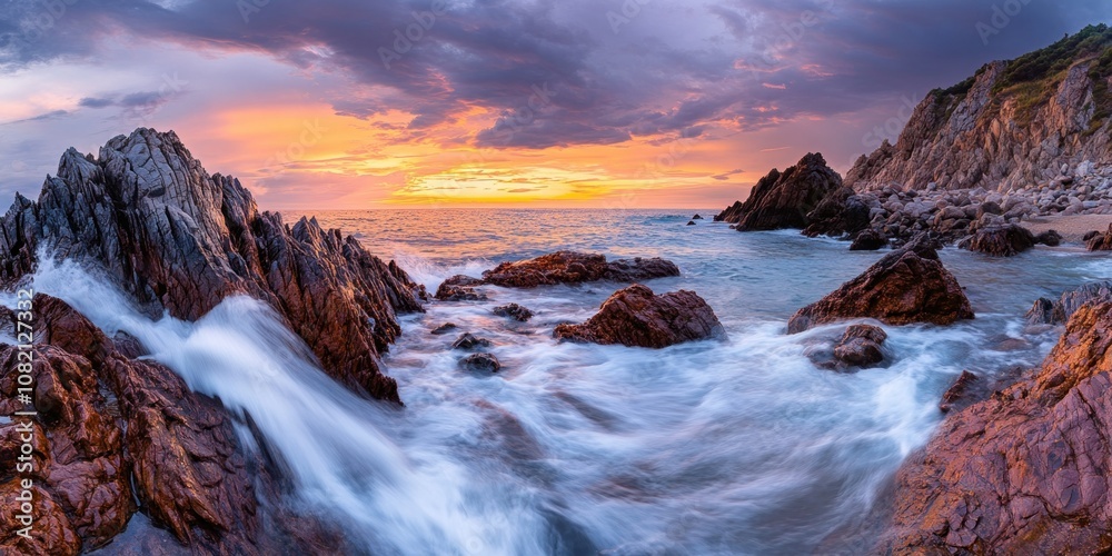 Dramatic Sunset Over Rocky Coastline with Blurry Water Dramatic Sunset Over Rocky Coastline with Blurry Water