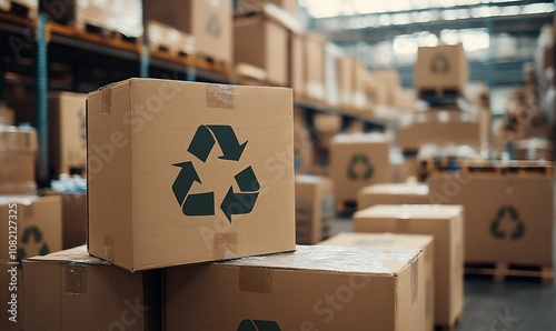 A cardboard box with a green recycle symbol printed on it sits on top of a stack of other boxes in a warehouse.