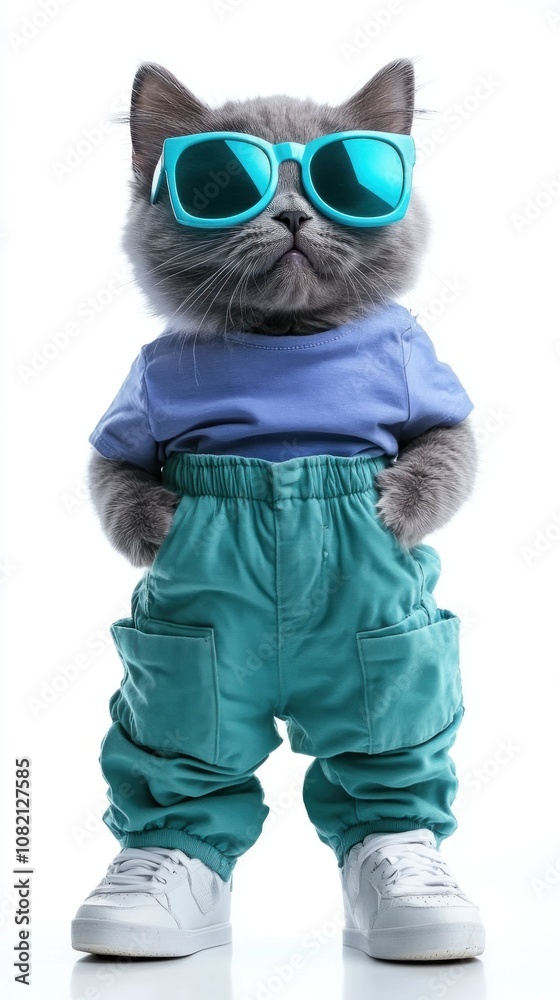 Cool Cat Fashion: A Stylish Gray Feline Struts in Vibrant Clothing, Sporting Sunglasses, and Reflecting the Trendy Vibe of Modern Pet Culture Cool Cat Fashion: A Stylish Gray Feline Struts in Vibrant Clothing, Sporting Sunglasses, and Reflecting the Trendy Vibe of Modern Pet Culture