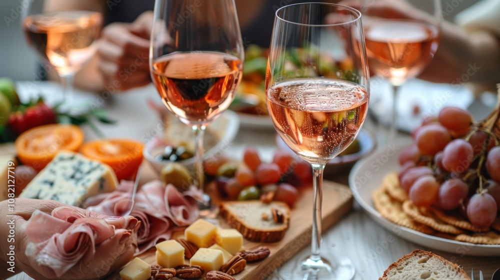 Autumn or fall season. table with wine glasses and food, hands reaching for glass of rose wine, cheese board on table, warm light, pastel colors, home interior Autumn or fall season. table with wine glasses and food, hands reaching for glass of rose wine, cheese board on table, warm light, pastel colors, home interior
