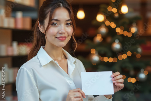 Smiling woman in white blouse holding white blank sheet of paper in her hands against background of cosmetics store and Christmas tree. Template for text