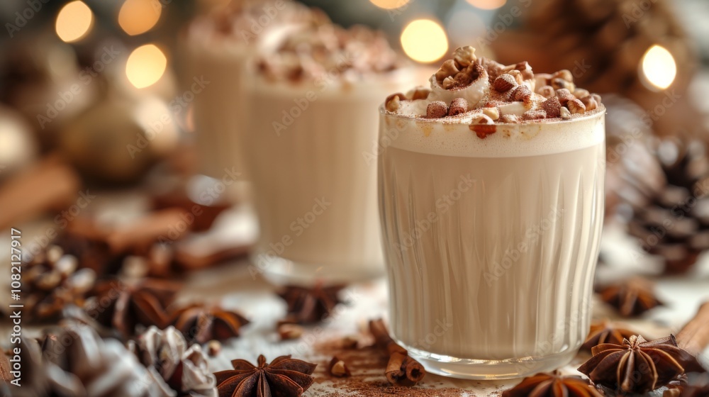 Winter season. Eggnog. Traditional Christmas drink, spiced egg-milk cocktail with nut topping. Winter season. Eggnog. Traditional Christmas drink, spiced egg-milk cocktail with nut topping.