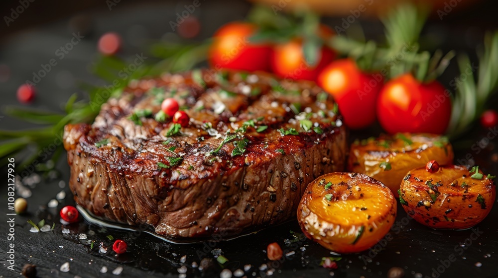 Winter season. Marinated grilled rib-eye steak and vegetables Winter season. Marinated grilled rib-eye steak and vegetables