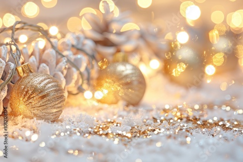 Close-up shot of ornaments in snow, perfect for winter or holiday-themed images photo