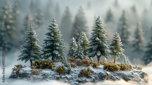 Winter season. Winter Wonderland, Miniature. Misty landscape