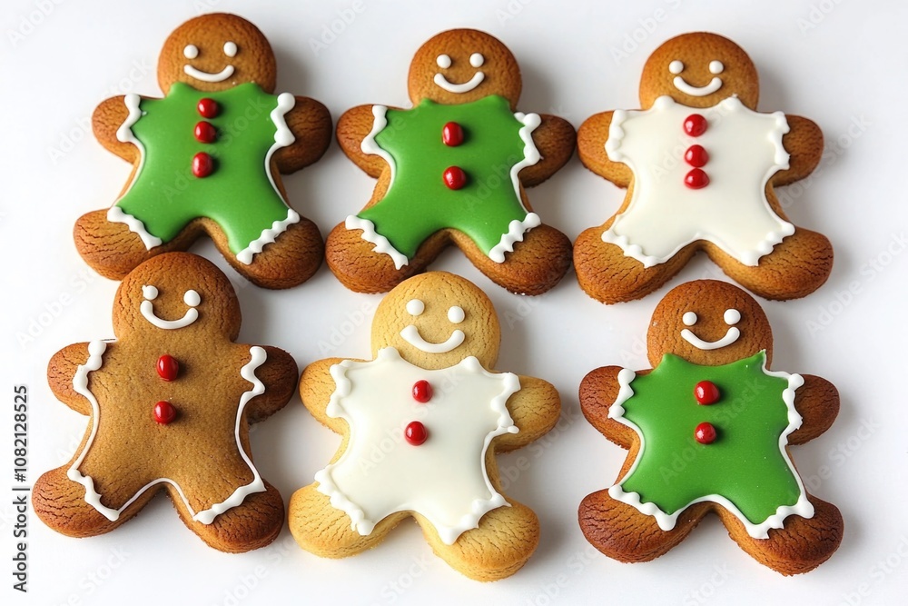 A collection of decorated gingerbread cookies on a clean white surface, ideal for food and baking photography A collection of decorated gingerbread cookies on a clean white surface, ideal for food and baking photography
