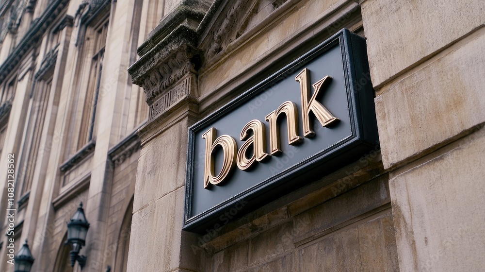 Elegant architectural details of a neoclassical bank building showcasing ornate signage in a historic urban setting Elegant architectural details of a neoclassical bank building showcasing ornate signage in a historic urban setting