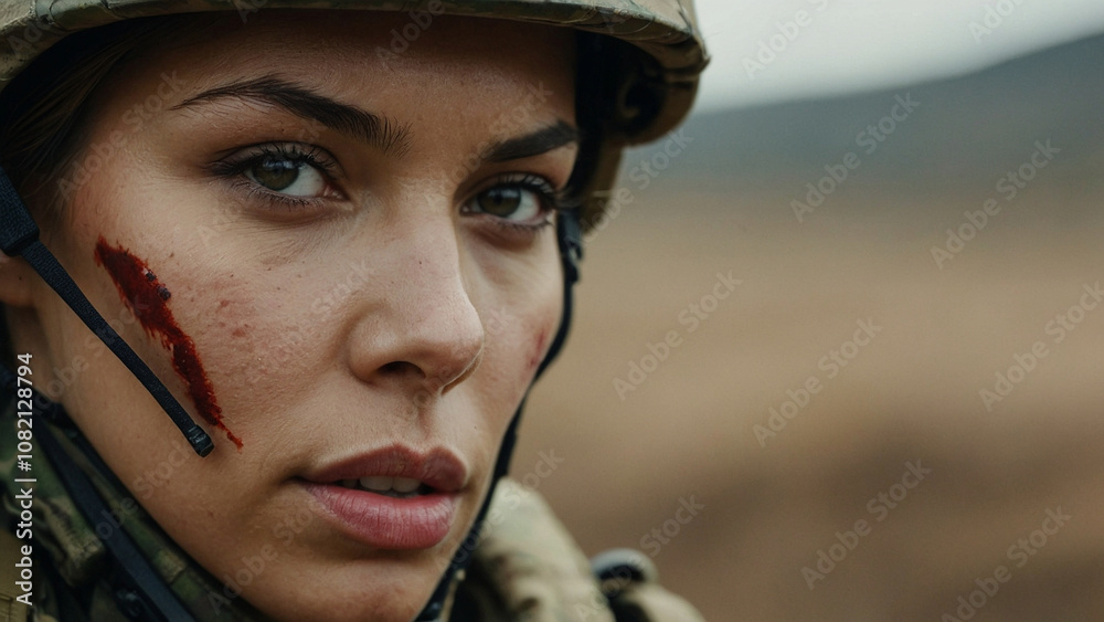 Closeup portrait of woman soldier in the army staring intensely Closeup portrait of woman soldier in the army staring intensely