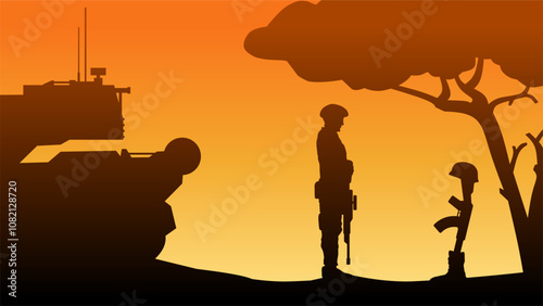 Landscape illustration of soldier giving respect to fallen soldier