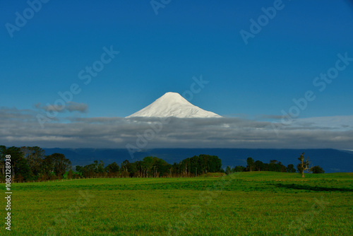 Osorno Vulcano with snow cap green meadows Chile photo