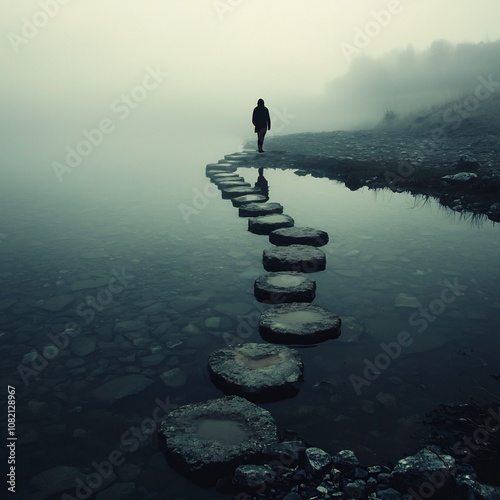 Silhouetted Figure Hesitating at the Edge of a Misty River Crossing photo