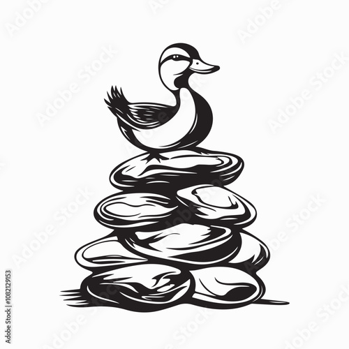 Duckly on the Pile of Rocks image vector illustration isolated on white background