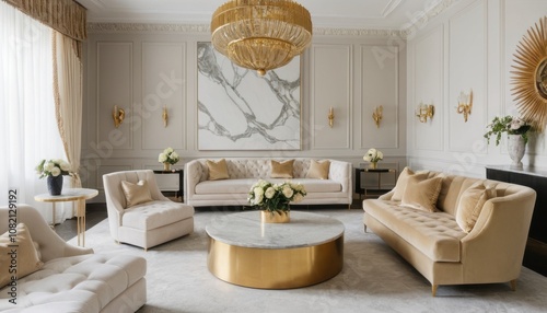 An opulent living room with plush velvet seating, gold accents, and marble finishes photo