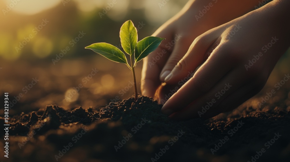 Fototapeta premium Hands Gently Planting A Tiny Sapling In Soil