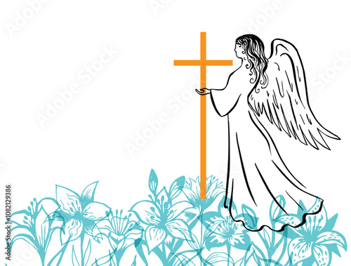 Angel with holy cross and blue lillies border. Easter, religion or funeral vector illustration.