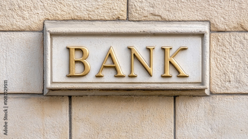 Golden bank lettering adorns the façade of a historic building illuminated by warm natural light, showcasing intricate architectural details Golden bank lettering adorns the façade of a historic building illuminated by warm natural light, showcasing intricate architectural details