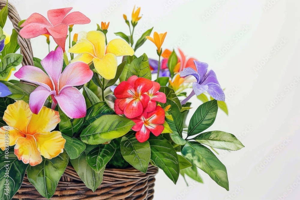 A bouquet of vibrant flowers overflowing from a wicker basket, perfect for decoration or gift-giving A bouquet of vibrant flowers overflowing from a wicker basket, perfect for decoration or gift-giving