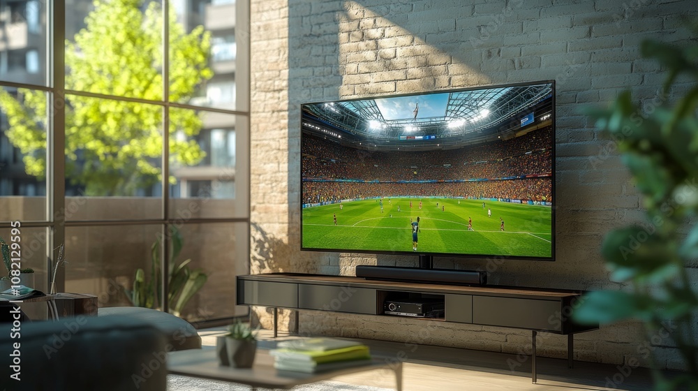 Fototapeta premium A World Cup match airing on a flat-screen TV, set up in a chic, contemporary apartment, with the focus on the vibrant action on the screen and the modern living space