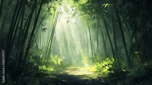 Sunbeams illuminate a pathway through a dense bamboo forest, casting long shadows on the lush greenery.