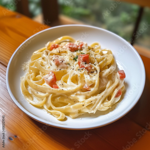 Creamy linguine with diced ...