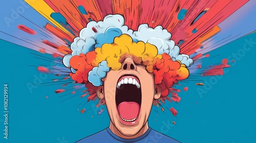 A person expressing intense emotion with vibrant colors exploding from their head, conveying the feeling of mental overload and frustration