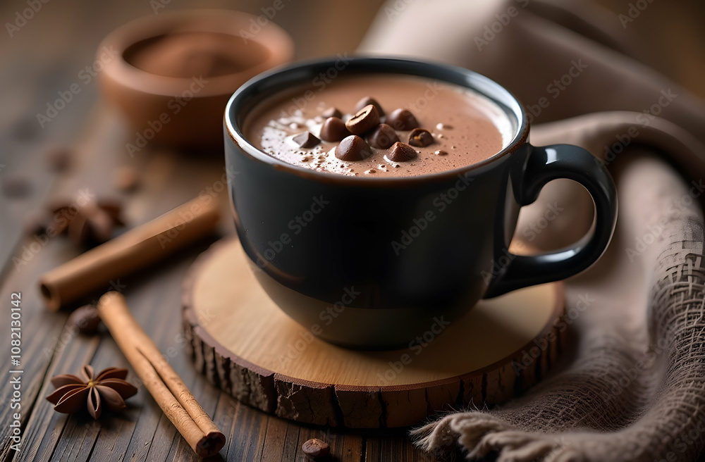 Flavorful cappuccino in a dark mug sprinkled with chocolate chips. Coffee in a ceramic mug, a festive dessert drink. Coffee shop, bakery Flavorful cappuccino in a dark mug sprinkled with chocolate chips. Coffee in a ceramic mug, a festive dessert drink. Coffee shop, bakery