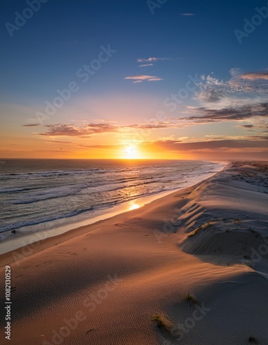 Sunset Over a Serene Beach With White Sand Dunes Stretching Into the Distance, While the Calm Ocean Reflects the Vibrant Colors of the Evening Sky and Gently Lapping Waves