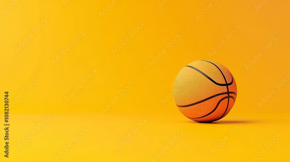 A single basketball sits on a yellow background, ready for a game. A single basketball sits on a yellow background, ready for a game.