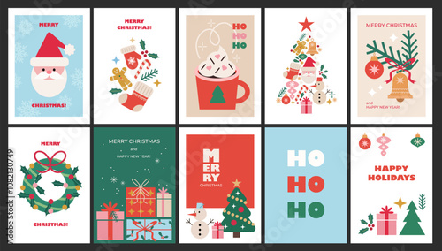Christmas cards in modern minimalist geometric style. Xmas posters with abstract elements, Christmas decorations, wreath, Santa, snowflakes, snowman