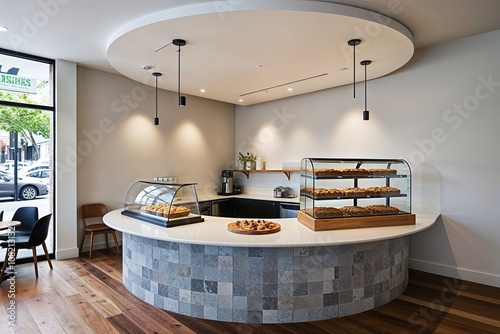 Modern Australian Cafe Featuring Minimalist Design Smooth Stone Circular Counter and Organic Pastry Display photo