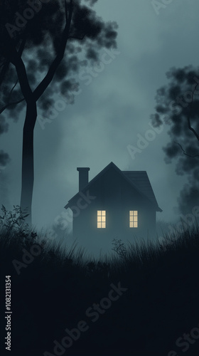 halloween background with house, halloween night background, Mysterious house in the forest, house in the fog, fairy tale illustration, house on a dark night