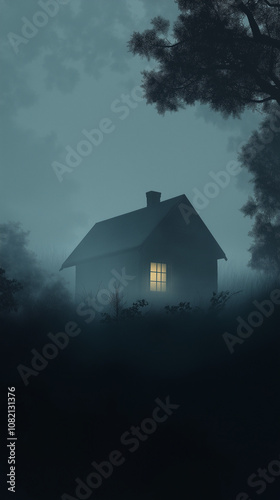 halloween background with house, halloween night background, Mysterious house in the forest, house in the fog, fairy tale illustration, house on a dark night