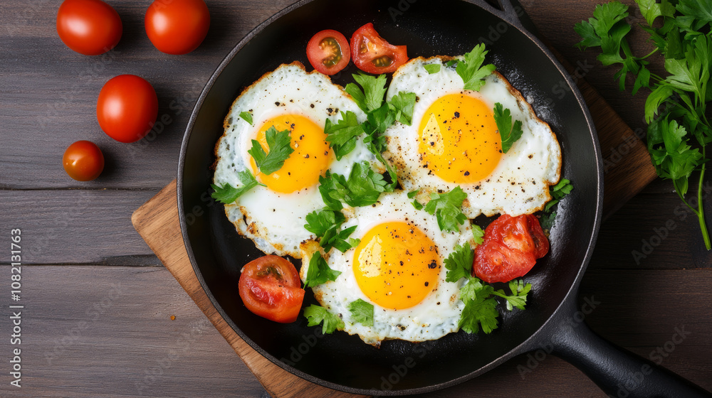 Delicious sunny-side-up eggs with fresh tomatoes and parsley in a skillet on a wooden surface Delicious sunny-side-up eggs with fresh tomatoes and parsley in a skillet on a wooden surface