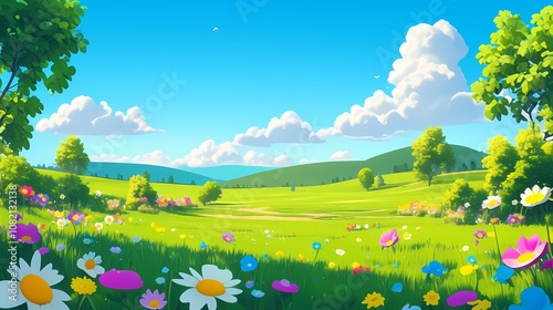cartoon spring green grass blue sky flowers illustration poster background