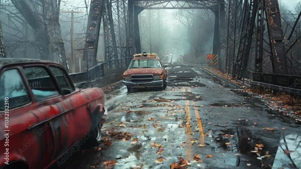 Abandoned car on a misty forest road during a gloomy autumn day.