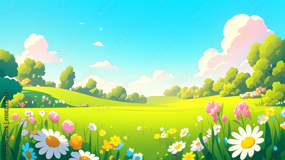 Fototapeta premium cartoon spring green grass blue sky flowers illustration poster background