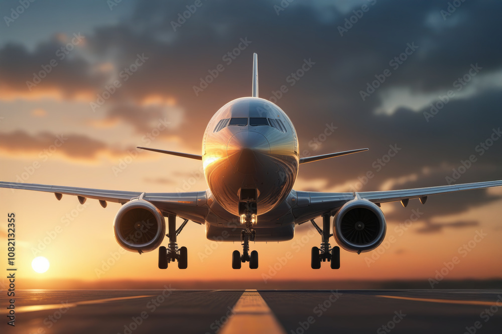 front view of photorealistic passenger plane landing front view of photorealistic passenger plane landing