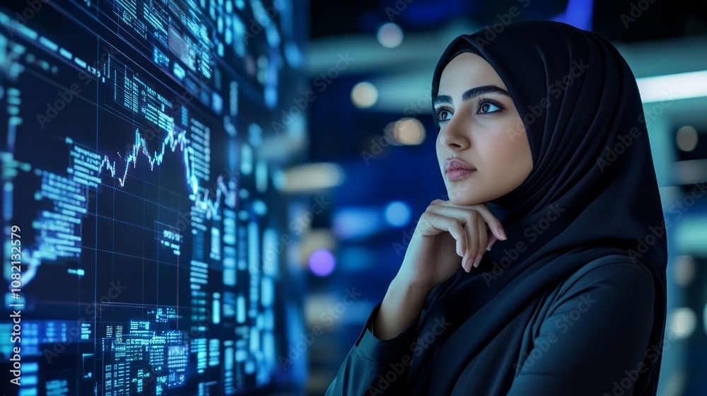 A woman in a hijab looks thoughtfully at a screen filled with data and a graph. A woman in a hijab looks thoughtfully at a screen filled with data and a graph.