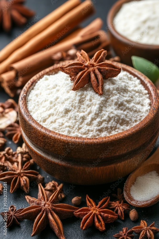 A cozy arrangement showcases bowls of flour surrounded by spices like star anise and cinnamon, perfect for baking cookies on National Cookie Day A cozy arrangement showcases bowls of flour surrounded by spices like star anise and cinnamon, perfect for baking cookies on National Cookie Day