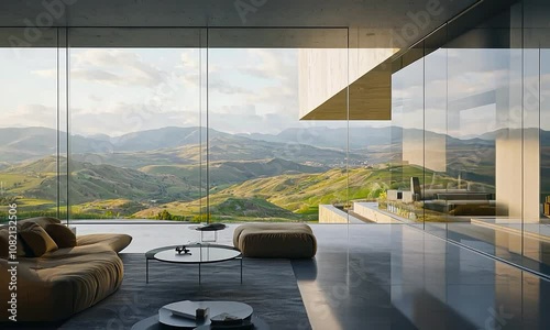 Innovative interior design in a high-tech home on a high plateau, with smart glass walls and an automated rooftop garden, overlooking a picturesque valley with rolling hills photo