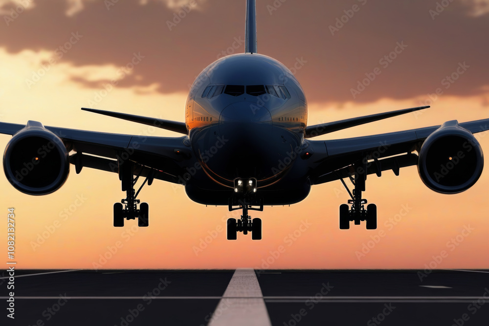 front view of photorealistic passenger plane landing front view of photorealistic passenger plane landing