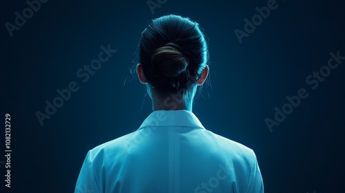 A woman in a white lab coat stands with her back to the camera, illuminated by a bright blue light.