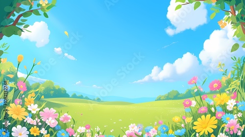 cartoon spring green grass blue sky flowers illustration poster background