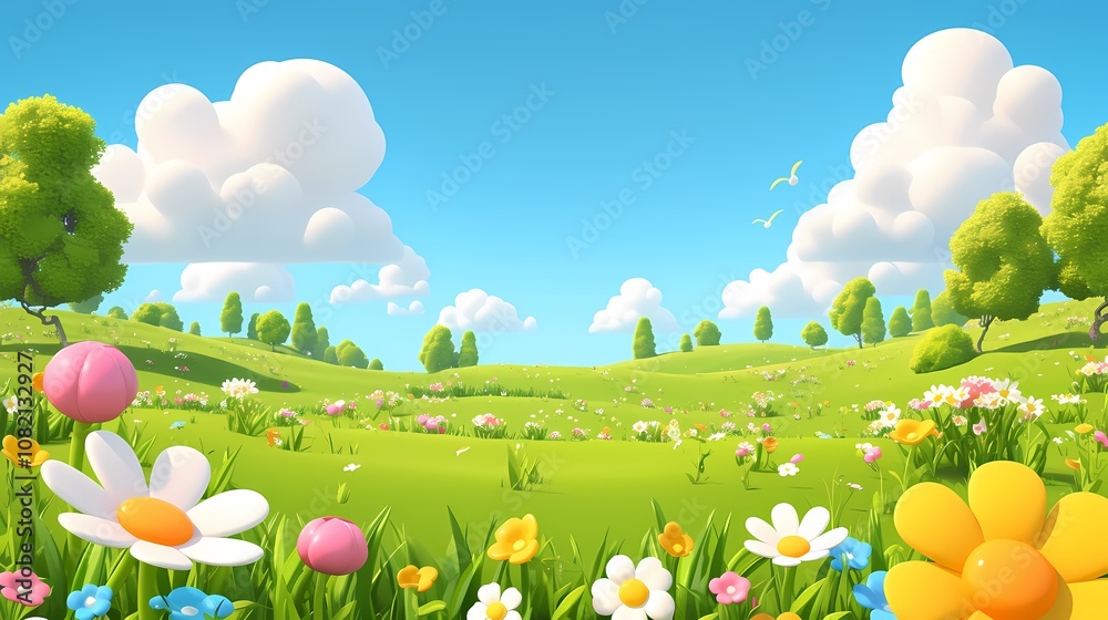 Naklejka premium cartoon spring green grass blue sky flowers illustration poster background