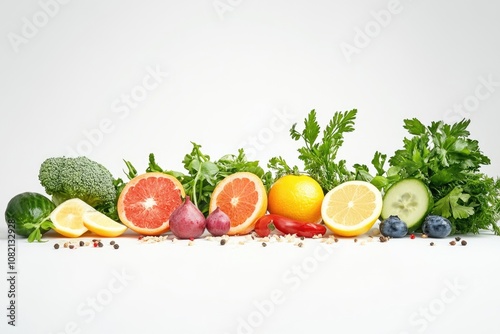 Fototapeta Naklejka Na Ścianę i Meble -  Assortment of fruits and vegetables on a clean white background