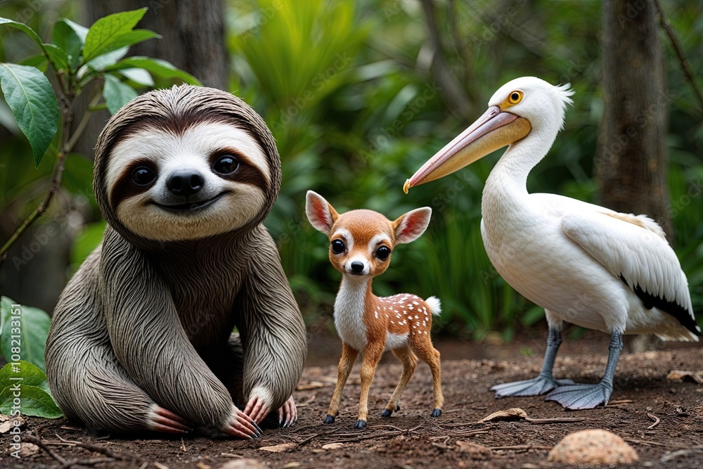 Obraz premium Adorable Miniature Cartoon Animals in Nature Featuring Sloth Fawn and Pelican