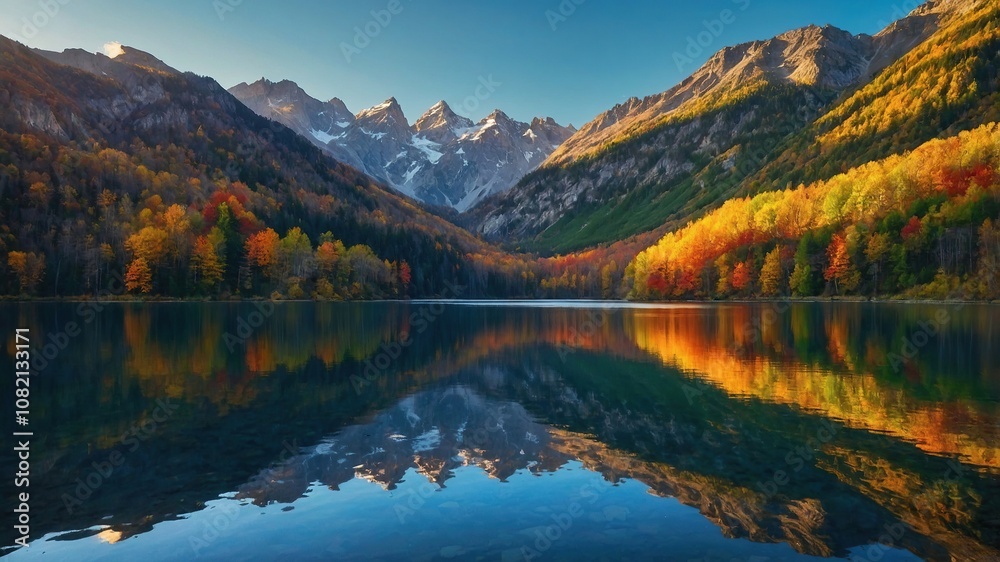 A beautiful scenery mountain landscape and colorful reflections shimmering on the lake generated by ai A beautiful scenery mountain landscape and colorful reflections shimmering on the lake generated by ai