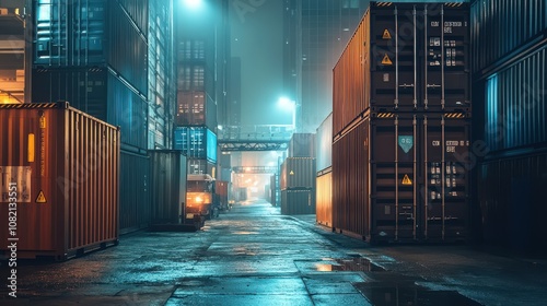 Atmospheric Night Scene of Shipping Containers in a Port with Dramatic Lighting and Reflections on Wet Surfaces, Evoking a Sense of Industrial Mystery and Adventure photo